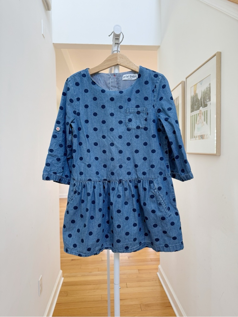 Mini Boden Girls Polka Dot Chambray Dress